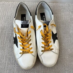 Golden Goose White Sneakers with Black Star and Yellow Laces